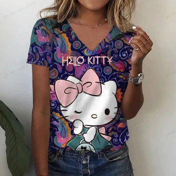 2023 Женская футболка с V-образным вырезом и рисунком Hello Kitty Harajuku, женская футболка с абстрактным рисунком Y2k, Уличная Повседневная Одежда, Короткий рукав 5xl