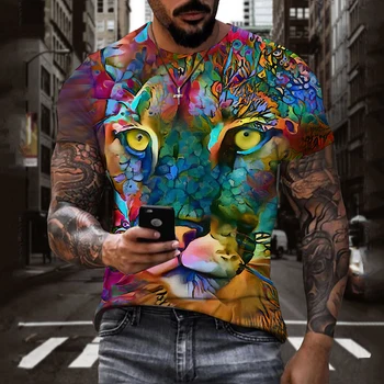 2023 Летняя Новая 3D футболка с животным Тигром и Леопардовым принтом, Новая Летняя мужская футболка Оверсайз с коротким рукавом, Красочный дизайн, Полиэстер