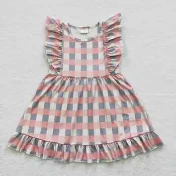 2023 Новая Летняя юбка с летящим рукавом для девочек, Модная Новая Одежда, Кружевное платье с летящим рукавом в клетку, RTS