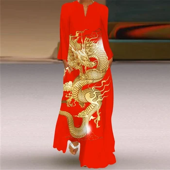 2023 Новое женское весеннее длинное платье Summe, женские элегантные платья Red Dragon с длинным рукавом и V-образным вырезом, вечерние повседневные платья с 3D-принтом Vintag