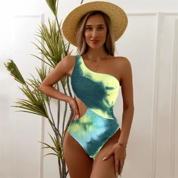 2023 Новый цельный купальник Tie Dye на одно плечо для женщин, однотонные купальники, женский Монокини, купальщица, пляжная одежда