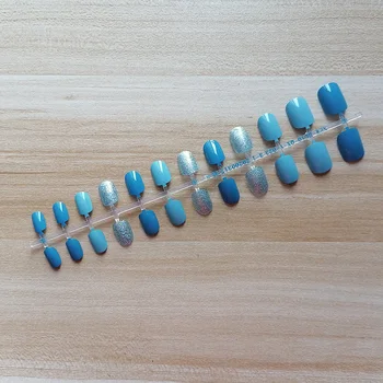 24 шт. блестящие синие короткие квадратные накладные ногти с полным покрытием, накладные искусственные кончики ногтей