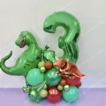 27шт Джунгли Динозавр Вечеринка Мини Динозавр Фольга Воздушные шары Зеленый номер Воздушный шар Дети Мальчик 1-9 лет Украшение для вечеринки по случаю дня рождения