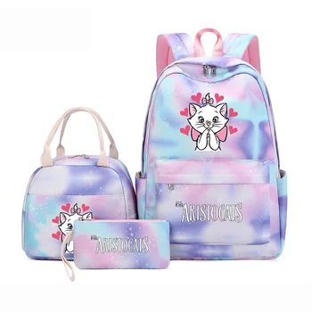 3 шт./компл. Рюкзак Disney The Aristocats Marie Cat, красочная сумка, Школьные сумки для девочек, Подростковые сумки с сумкой для ланча, дорожные сумки Mochilas