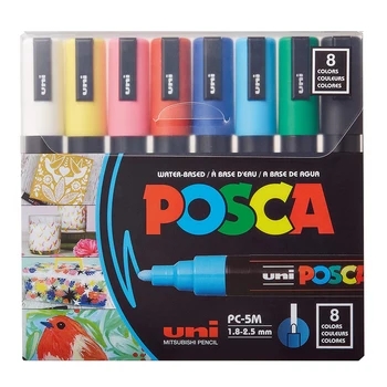 8 Фломастеров Uni Posca, средние Реверсивные Наконечники PC-5M 1,8-2,5 мм, Набор акриловых ручек для рисования 8шт.