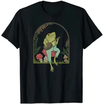 Cottagecore Эстетичная лягушка, играющая на банджо на грибе, милая футболка, забавная футболка с графическим рисунком в стиле гранж, женская одежда с коротким рукавом