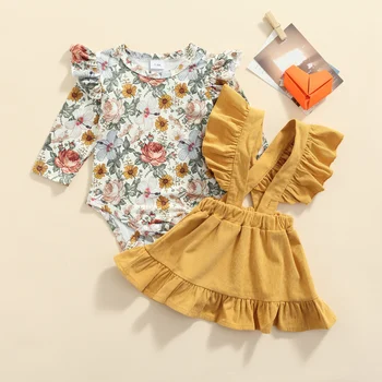 FOCUSNORM / 2 шт., милые комплекты одежды для маленьких девочек 0-18 м, комбинезон с длинными рукавами и цветочным принтом, платье на подтяжках с оборками
