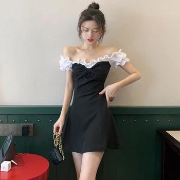 French Sweet 2023, Летнее Новое черное платье с бантом, женское Сексуальное мини-платье с коротким рукавом и открытыми плечами, одежда в корейском стиле