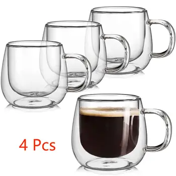 JZ Стеклянные кофейные кружки с двойными стенками 10 унций, Набор из 4 Изолированных прозрачных чайных чашек с ручкой, идеально подходящих для приготовления эспрессо, латте и капучино
