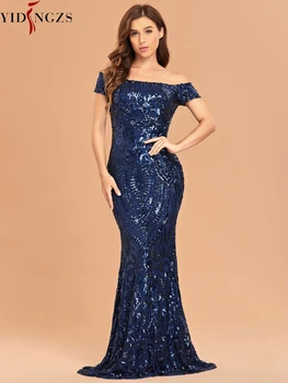 YIDINGZS С коротким рукавом Темно-синее вечернее платье с блестками Элегантное вечернее платье Макси с открытыми плечами 2021 Новинка