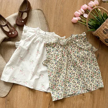 deer jonmi / 2023 Летние рубашки с цветочным принтом для маленьких девочек, топы без рукавов с рюшами, милые детские блузки-жилетки в корейском стиле