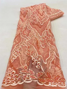 Африканская кружевная ткань Новое поступление 2022 Высококачественная Оранжевая ткань с блестками, вышитая бисером, кружевная ткань с вышивкой для вечернего платья KB2551