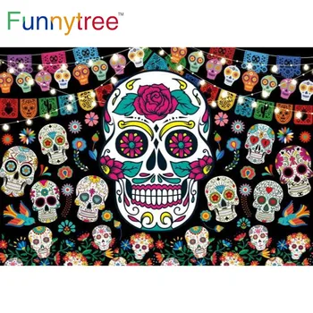 Веселое дерево День мертвых Сахарные черепа Красочные огни баннеров Фон Цветы Фон для фотосессии на фестивале в Мексике