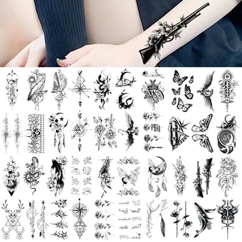 Временные татуировки черного геометрического Кита для женщин, взрослых, детей, Поддельная татуировка на шее, руке, Маленькая татуировка на руке