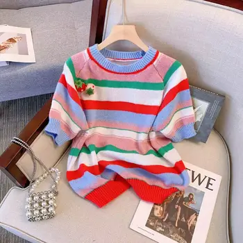 Вязаный свитер в полоску, футболка, Женская летняя стильная мода, шикарный женский пуловер, трикотаж с круглым вырезом и коротким рукавом 2023, Женская одежда