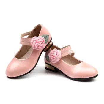 Детская мода Для девочек с цветочным узором, Розовые Кожаные туфли на каблуке, Танцевальная вечеринка Принцессы, Свадебная Детская обувь 3 4 5 6 7 8 9 10 11 12 Лет