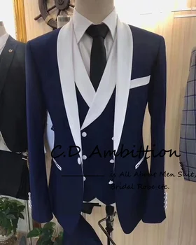 Дизайн пальто и брюк, новейший комплект мужских костюмов, свадебная роскошь 2023, темно-синий приталенный костюм из 3 предметов, Мужской смокинг, Блейзер, шаль с лацканами