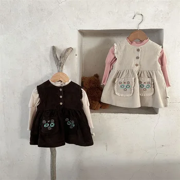 Дизайнерское платье-жилет для девочек с 2 карманами, зимне-осеннее детское вельветовое кружевное платье с вышивкой для принцессы, праздничное платье, одежда для малышей