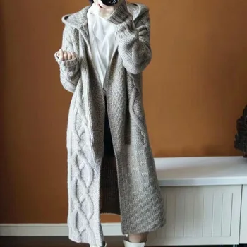 Длинный вязаный кардиган с капюшоном 2023, Осенне-зимнее новое свободное пальто с длинным рукавом, свитер, женское пальто