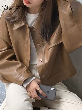 Женская кожаная куртка Yitimuceng 2023, новая мода, пальто из искусственной кожи большого размера с отложным воротником и длинным рукавом, куртки для мото-уличной одежды