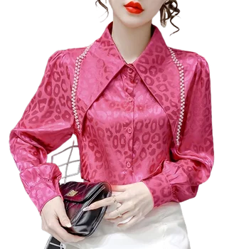 Женская одежда, весенняя рубашка с длинным рукавом, дизайнерский дизайн, Леопардовый жаккард, топы с пышными рукавами и бриллиантовым отворотом