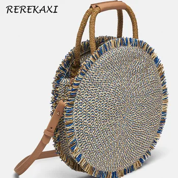 Женская сумка с круглыми кисточками, летняя соломенная пляжная сумка ручной работы, женская дизайнерская сумка через плечо в богемном стиле