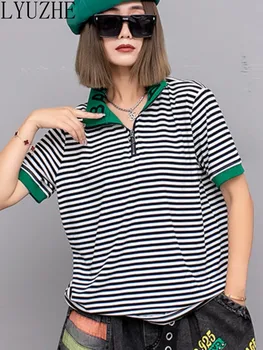 Женская футболка LYUZHE Fashion с персонализированной полосой, 2023, Летнее Новое поло с буквенным принтом, Свободный топ с половиной рукава, ZXF254A