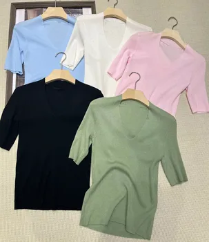 Женские пуловеры Naizaiga из шерсти, кашемира, шелка в полоску с V-образным вырезом, синие, зеленые, черные, белые, розовые, футболка QWX24