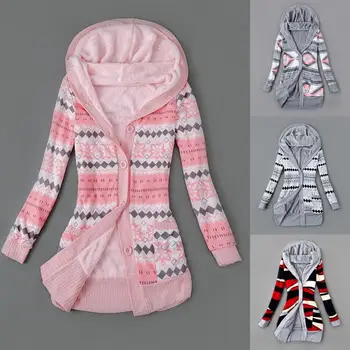 Женский свитер, пальто, полосатый принт, длинный рукав, осенне-зимняя толстовка с капюшоном, застежка на пуговицы, свитер на плюшевой подкладке, кардиган, Верхняя одежда