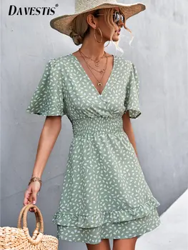 Женское повседневное платье с цветочным рисунком 2023, Летние Свободные дышащие короткие платья с V-образным вырезом и рукавами-оборками для женщин, модное платье