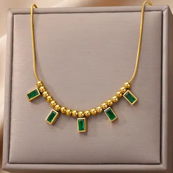 Зеленые Квадратные Ожерелья из бисера с цирконием Для женщин, ожерелье-цепочка из позолоченных бусин из нержавеющей стали, подарок для свадебной вечеринки, Женская бижутерия