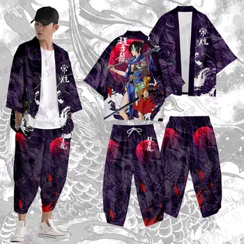 Кимоно Традиционная Юката Новая мужская повседневная рубашка с принтом Одежда Кимоно Мужская уличная одежда Пальто и брюки