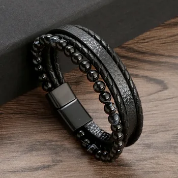 Кожаный браслет Мужской Классический Модный Многослойный кожаный браслет из бисера 