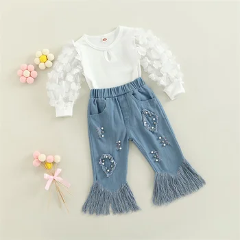 Комплект летней осенней одежды для девочек от 1 до 6 лет, детские топы с длинными рукавами и цветочной сеткой, джинсовые брюки с кисточками, детская модная одежда