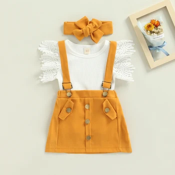 Комплект одежды из 3ШТ модных вещей для малышей и девочек, кружевная футболка с развевающимися рукавами + юбка на подтяжках + повязка на голову, комплект одежды для младенцев