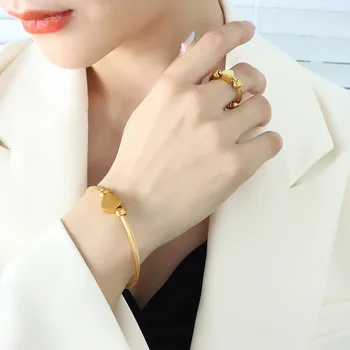 Корейские модные Персонализированные ювелирные изделия, Позолоченный браслет с регулируемой катушкой в форме сердца, Универсальное модное кольцо, Ювелирный набор