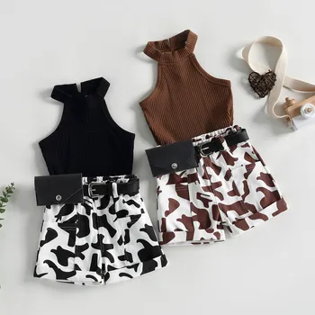 Короткие комплекты для маленьких девочек, летняя одежда 2023, однотонный жилет без рукавов в рубчик, шорты с коровьим принтом и поясной сумкой