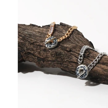 Латунь, покрытая настоящим золотом/платиной, Этнический стиль, Креативный керамический браслет из циркона с ручной росписью.