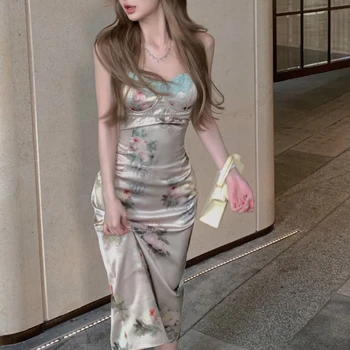 Летнее элегантное платье Миди с V-образным вырезом 2023, офисное Женское повседневное цельнокроеное платье, Корейское ретро, Французское кружевное платье с винтажным принтом, женское платье