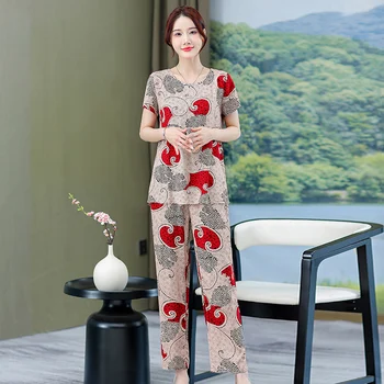 Летние Элегантные комплекты брюк для женщин, блузки 2023, новые комплекты из 2 предметов с винтажным принтом, женская повседневная летняя одежда в корейском стиле