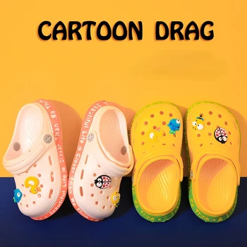 Летние сандалии, детские шлепанцы для маленьких мальчиков и девочек, однотонные тапочки на плоской подошве с героями мультфильмов  