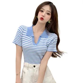 Летняя женская футболка с короткими рукавами, корейская версия тонкой повседневной женской спортивной футболки с отворотом, женская футболка с короткими рукавами