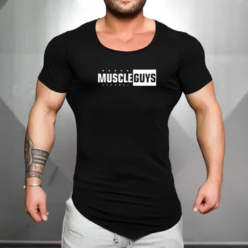Летняя мужская дышащая модная повседневная хлопчатобумажная рубашка с коротким рукавом для компрессионных тренировок, футболка для занятий в тренажерном зале, бодибилдингом