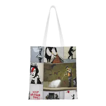 Многоразовая сумка для покупок с граффити Бэнкси, женская холщовая сумка через плечо, портативные сумки для покупок в стиле уличного поп-арта, продуктовые сумки для покупок