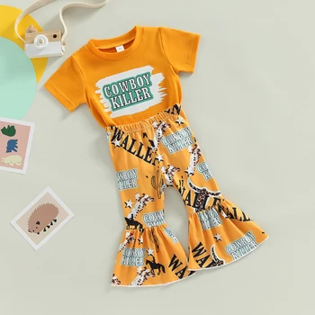 Модная одежда для маленьких девочек, Летние футболки с буквенным принтом, расклешенные брюки, Комплект детской хлопчатобумажной одежды