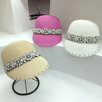 Модная соломенная шляпа с кристаллами, летняя кепка с козырьком, отделанная бриллиантами, Женская кепка от солнца для девочек, Праздничная пляжная кепка
