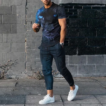 Мужская модная футболка и брюки, комплект из двух предметов, мужские комплекты с 3D принтом Льва, повседневный костюм