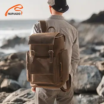 Мужской рюкзак NUPUGOO Vintege из натуральной кожи, модные дорожные рюкзаки, повседневная сумка большой емкости для 16-дюймового ноутбука