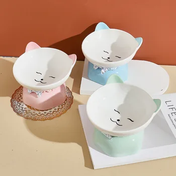 Новая модная мультяшная керамическая миска для домашних животных с рисунком кошки, защищающая шейный отдел позвоночника, домашние животные пьют воду и едят миску для кошки, щенка и собаки