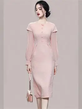 Новое весенне летнее стильное дизайнерское вечернее платье Vestidos Женское элегантное облегающее платье Миди из розового твида в стиле пэчворк с длинным рукавом